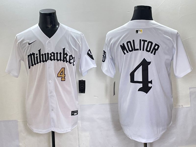 Men 2025 Milwaukee Brewers #4 Molitor White Five generations Joint Name Nike MLB Jersey style 1